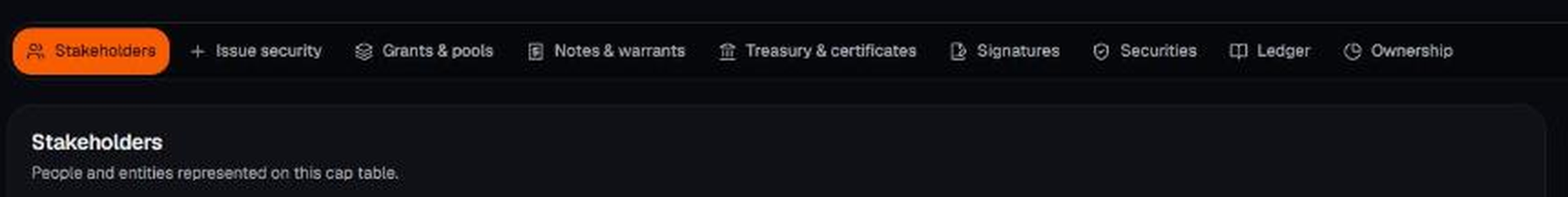 The nine tabs across the top of Cap Table in BildrX
