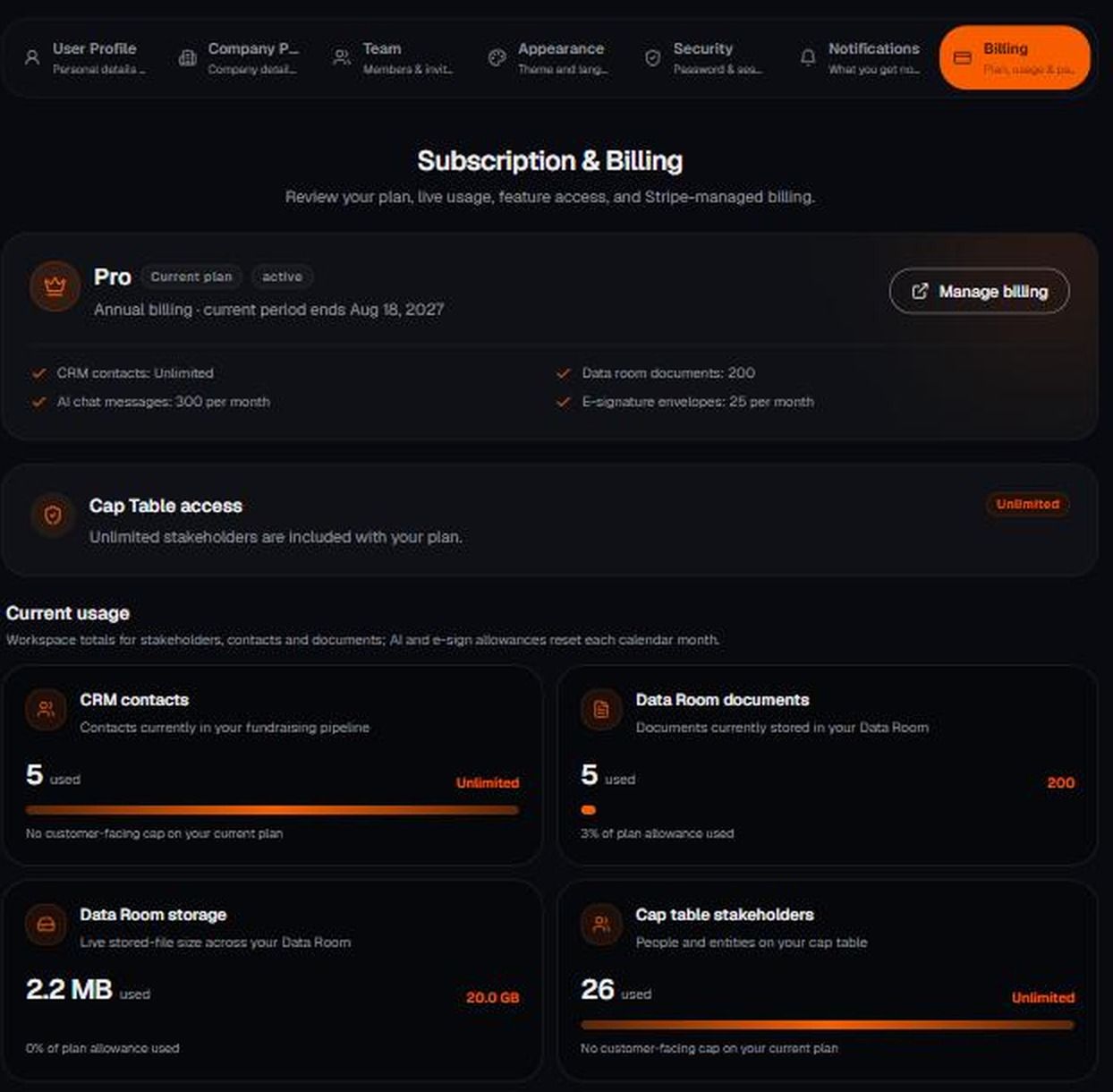 Settings → Billing, showing the current plan and live usage