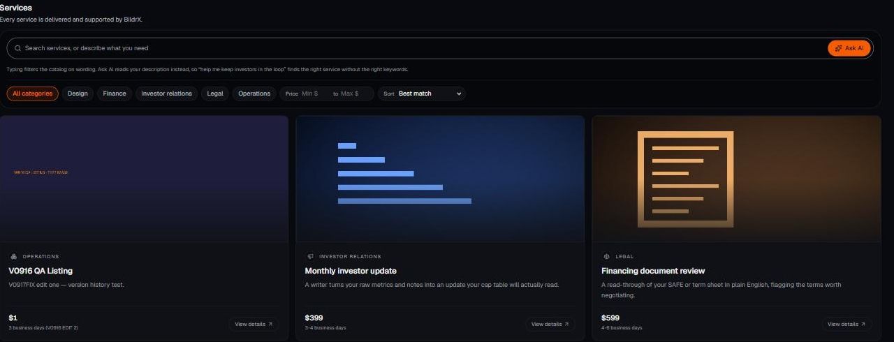 The Marketplace service catalogue in BildrX
