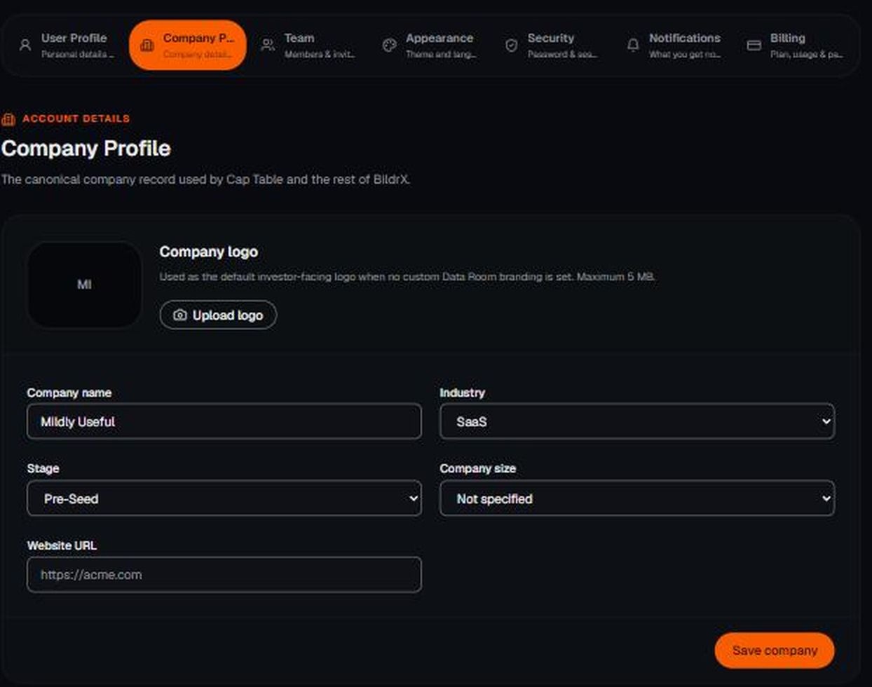 Settings → Company Profile in BildrX