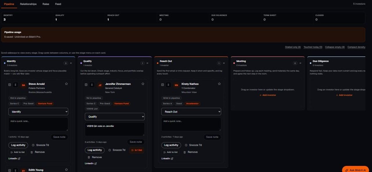 The investor pipeline board in BildrX CRM