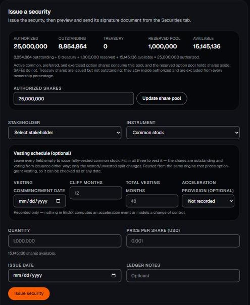 The Issue a security form in Cap Table