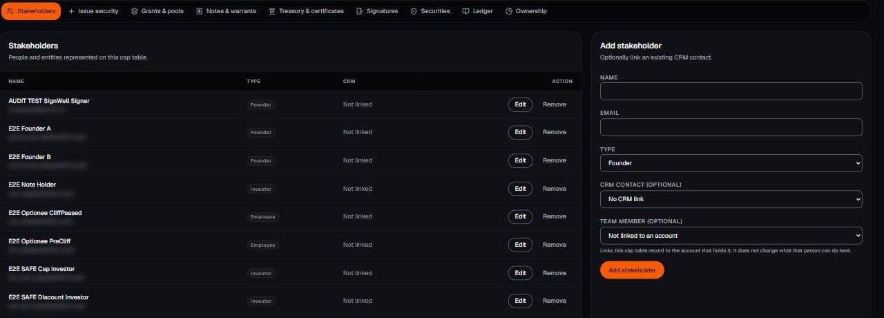 The Stakeholders tab in Cap Table, with the Add stakeholder form