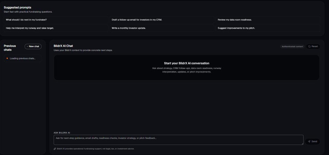 BildrX AI, with suggested prompts and chat history