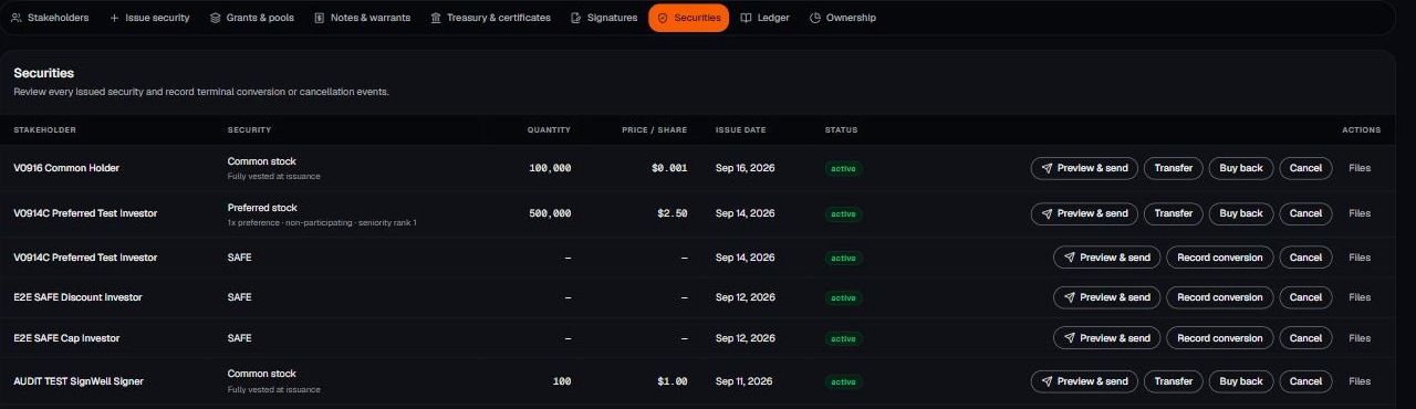 Transfer, Buy back and Cancel actions on the Securities tab