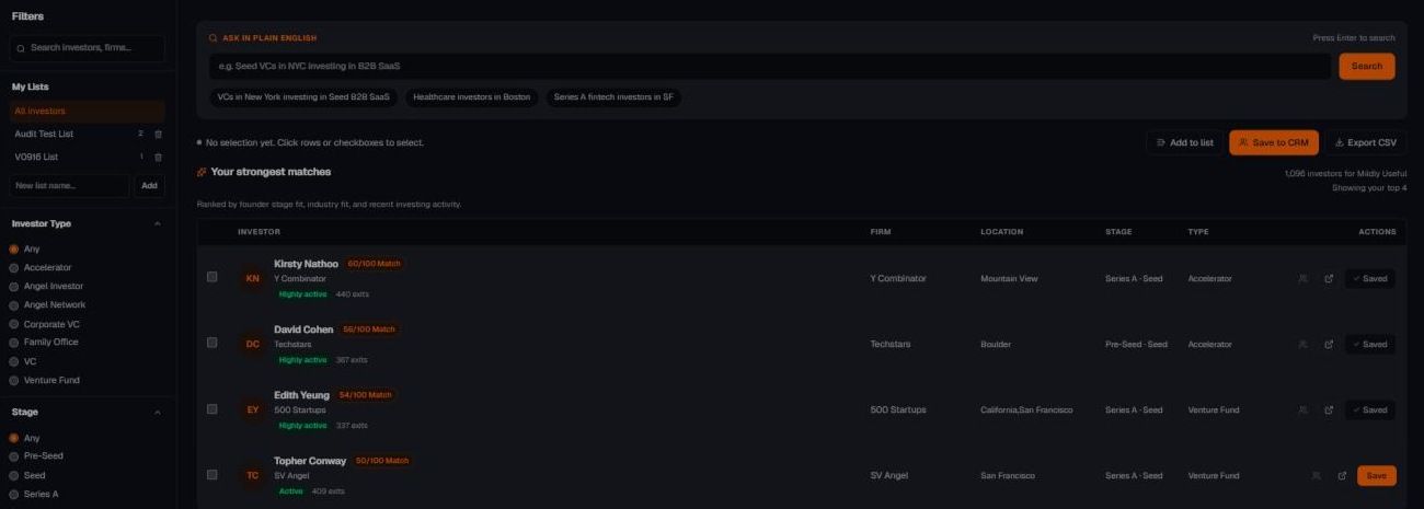 Investor search in BildrX, with filters and plain-English search