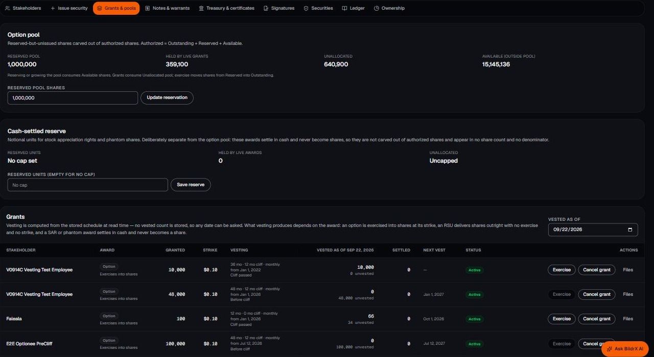 Grants & pools in Cap Table — the option pool and the grants table
