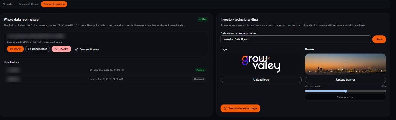 Data Room → Sharing & branding, where the public link is created