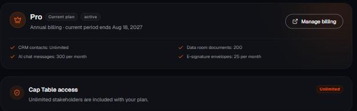 The plan card in Settings → Billing, showing what the trial includes