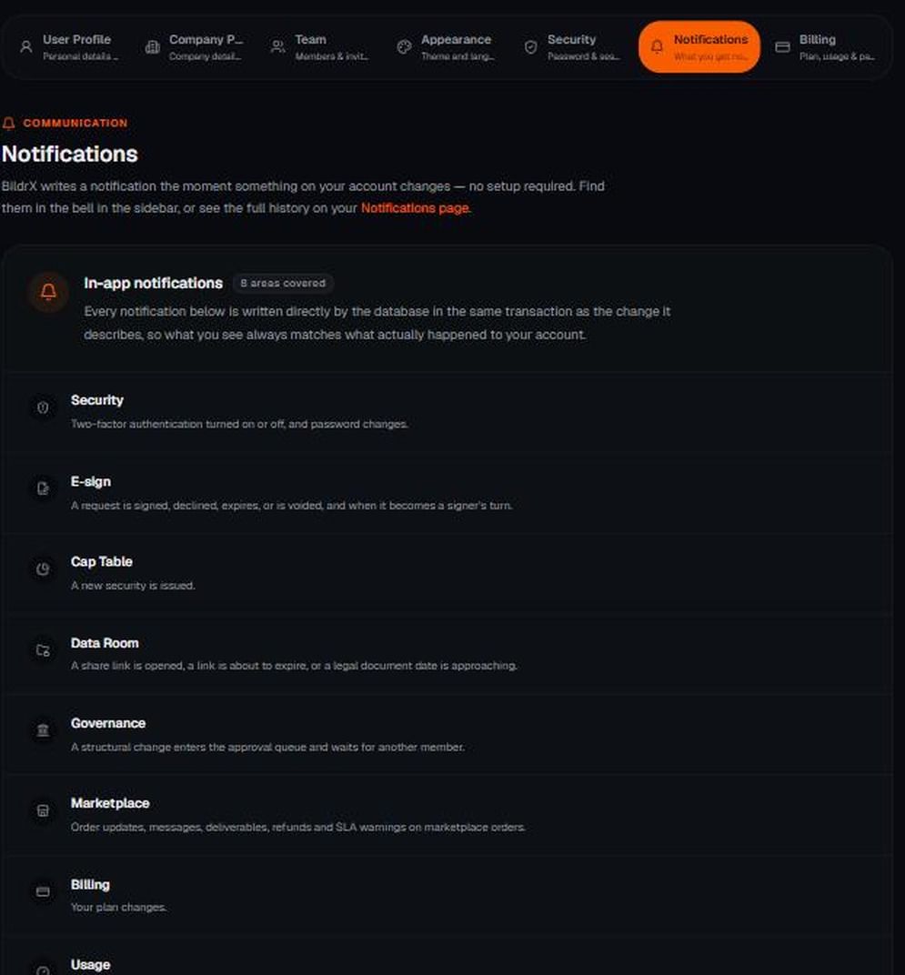 Settings → Notifications, listing the areas BildrX notifies on